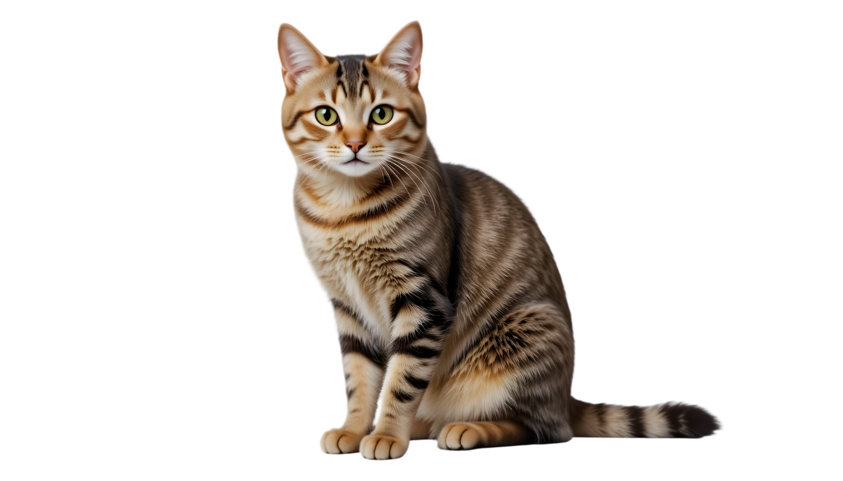 Classic tabby cat sitting upright one paw raised facing camera transparent background. png