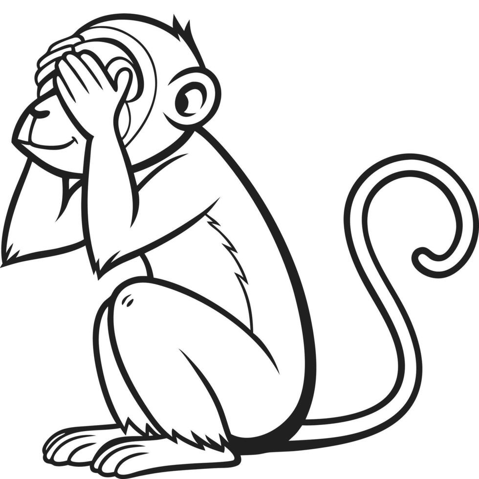 A cartoon monkey sitting and covering his eyes vector