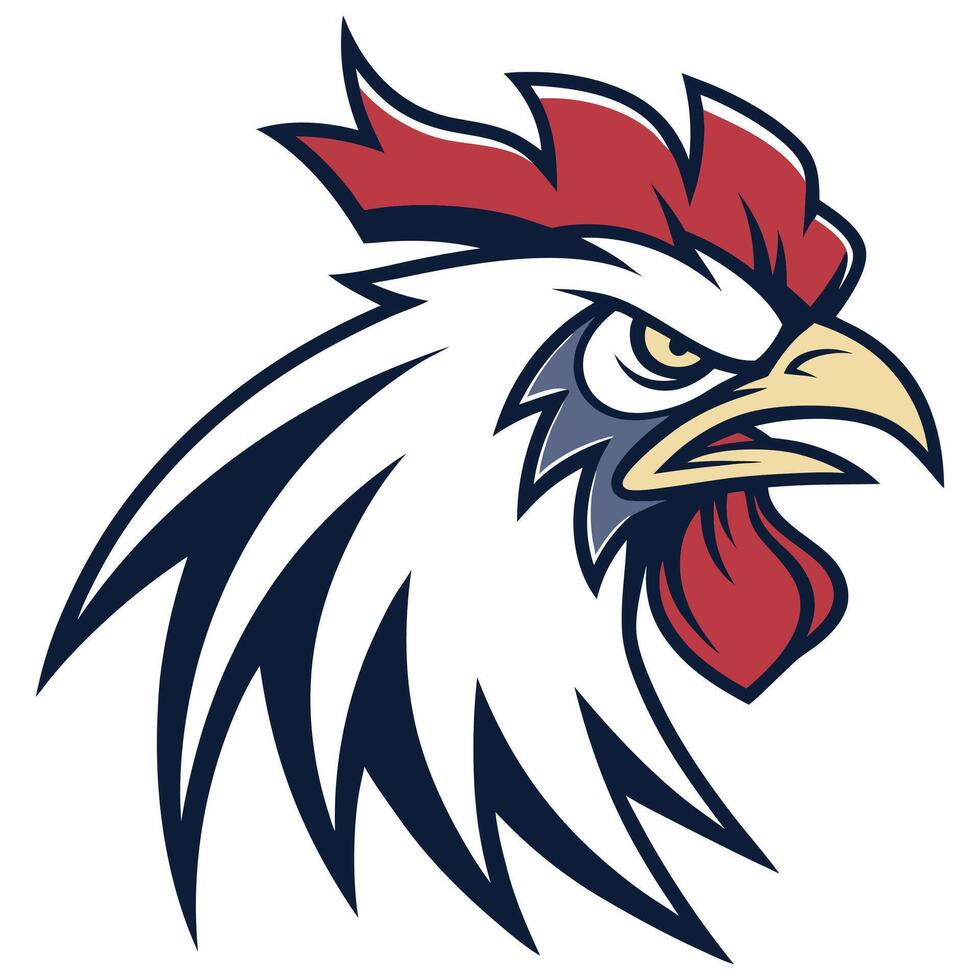 A rooster head with red and blue feathers vector