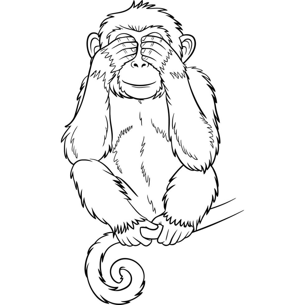 A monkey sitting on a branch with its hands over its eyes vector