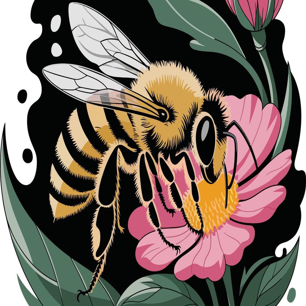 A bee on a pink flower with leaves vector