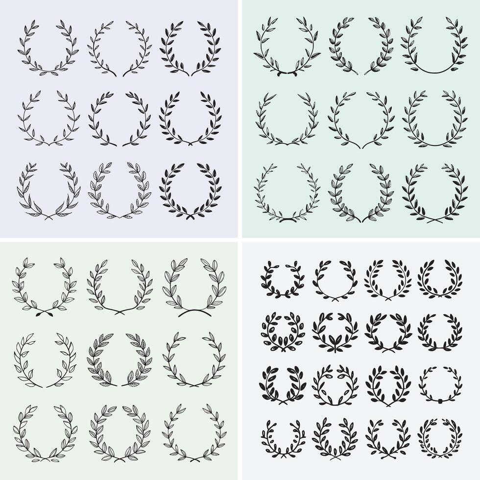 Design a collection of elegant, hand-drawn laurel wreaths in a minimalist black-and-white style vector