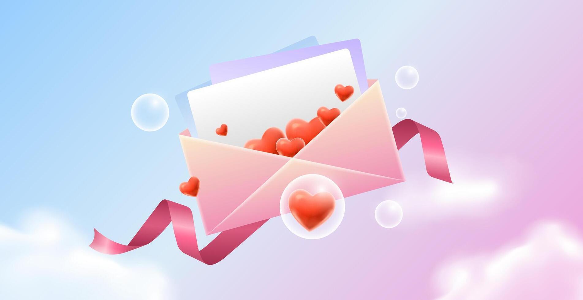 Hearts fly out with letters in the romantic sky vector