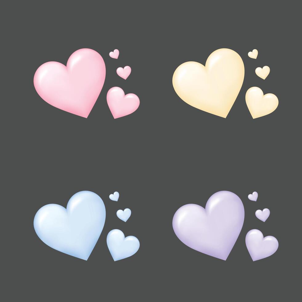 Set of trendy 3D colored cartoon hearts. Realistic 3D rendered love symbols collection. Cute red, yellow, blue, purple hearts vector
