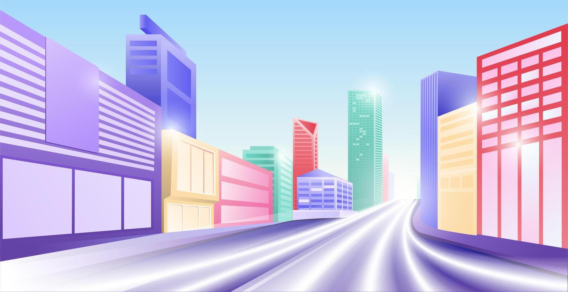 Empty road into the city with modern buildings on both sides of the road vector