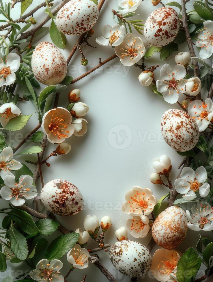 A wreath of flowers and eggs arranged on a white background photo