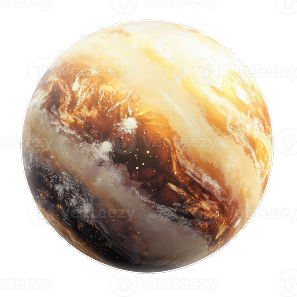 A planet with a brown and white surface png