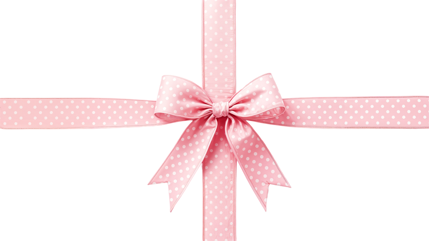 Elegant wrapped pink ribbon with white polka dots isolated on transparent background. Cut out png