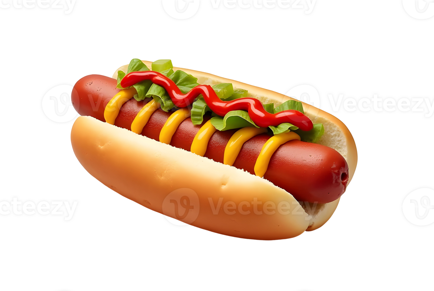 Classic hot dog with a zigzag of mustard on a soft bun isolated on transparent background png