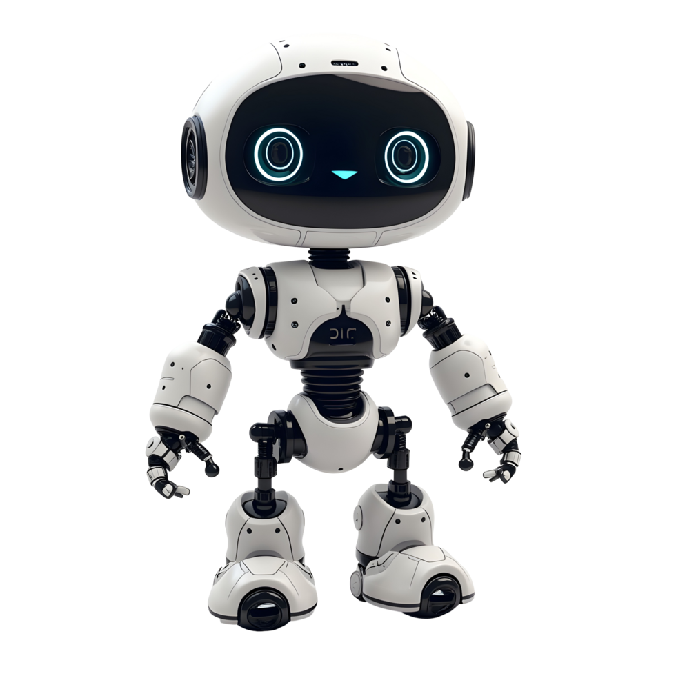 Happy cute robot on transparent background, friendly and cheerful robot. Friendly mini robot png