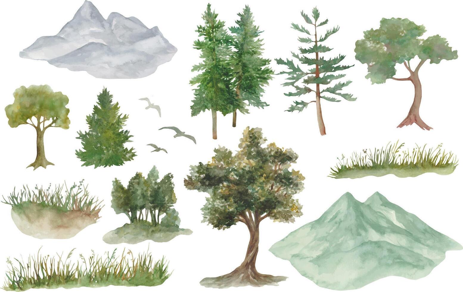 Watercolor set with pine trees, fir trees, mountains, and grassy landscapes. Hand drawn illustration. vector