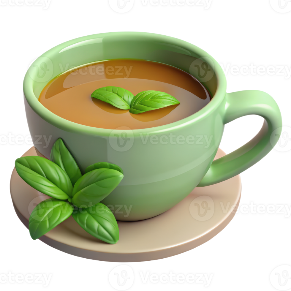 A cup of tea with a green leaf on top png
