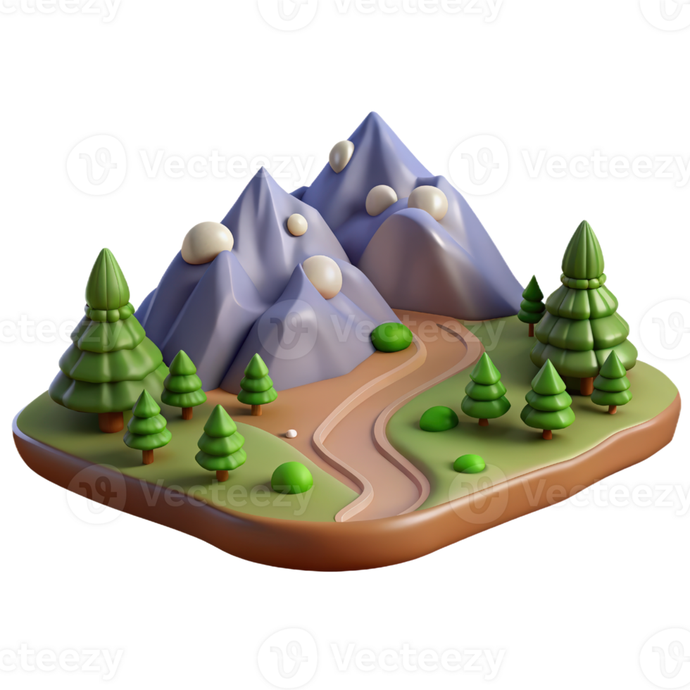 A cartoon mountain scene with trees and a road png