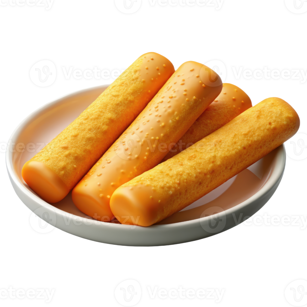 Three cheese sticks are on a white plate png
