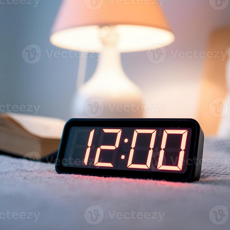 Digital clock shows 1200 on bedside table with blurred lamp and book For Social Media Post Size photo