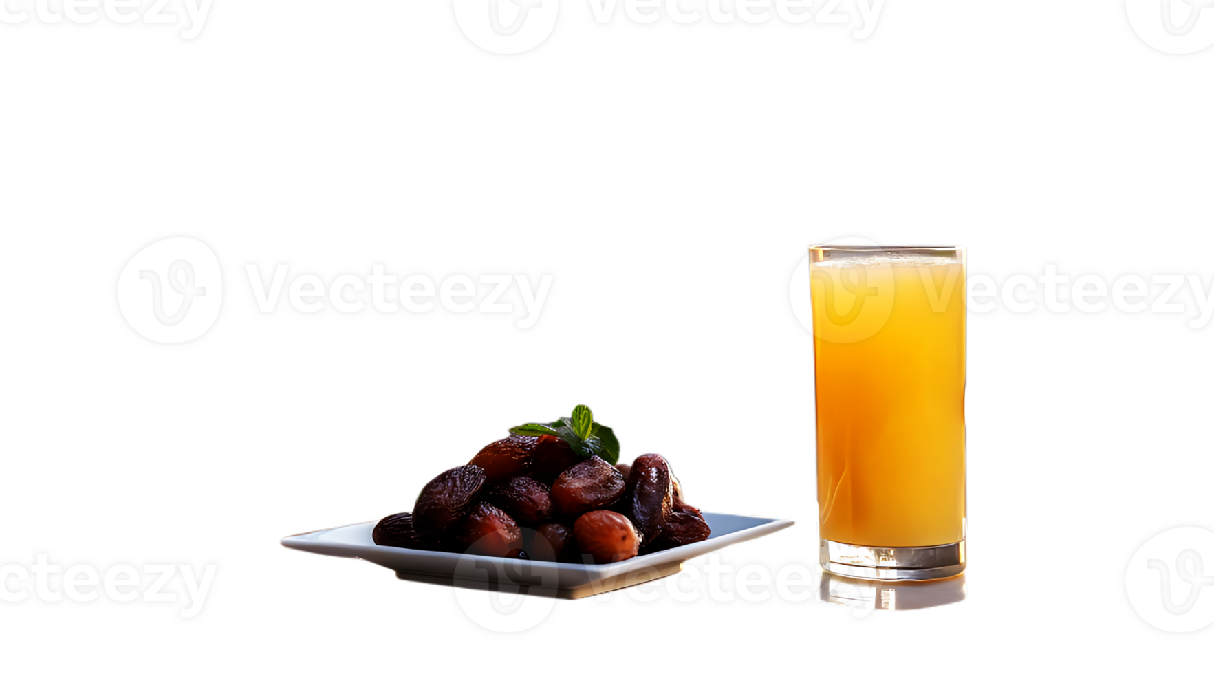 A glass of orange juice next to a plate of dates png
