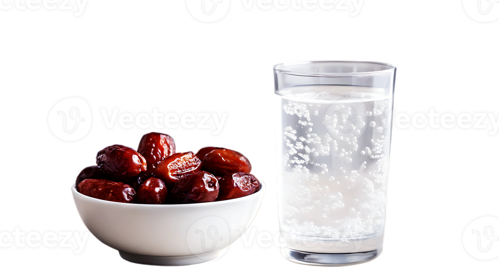A bowl of dates next to a glass of water png