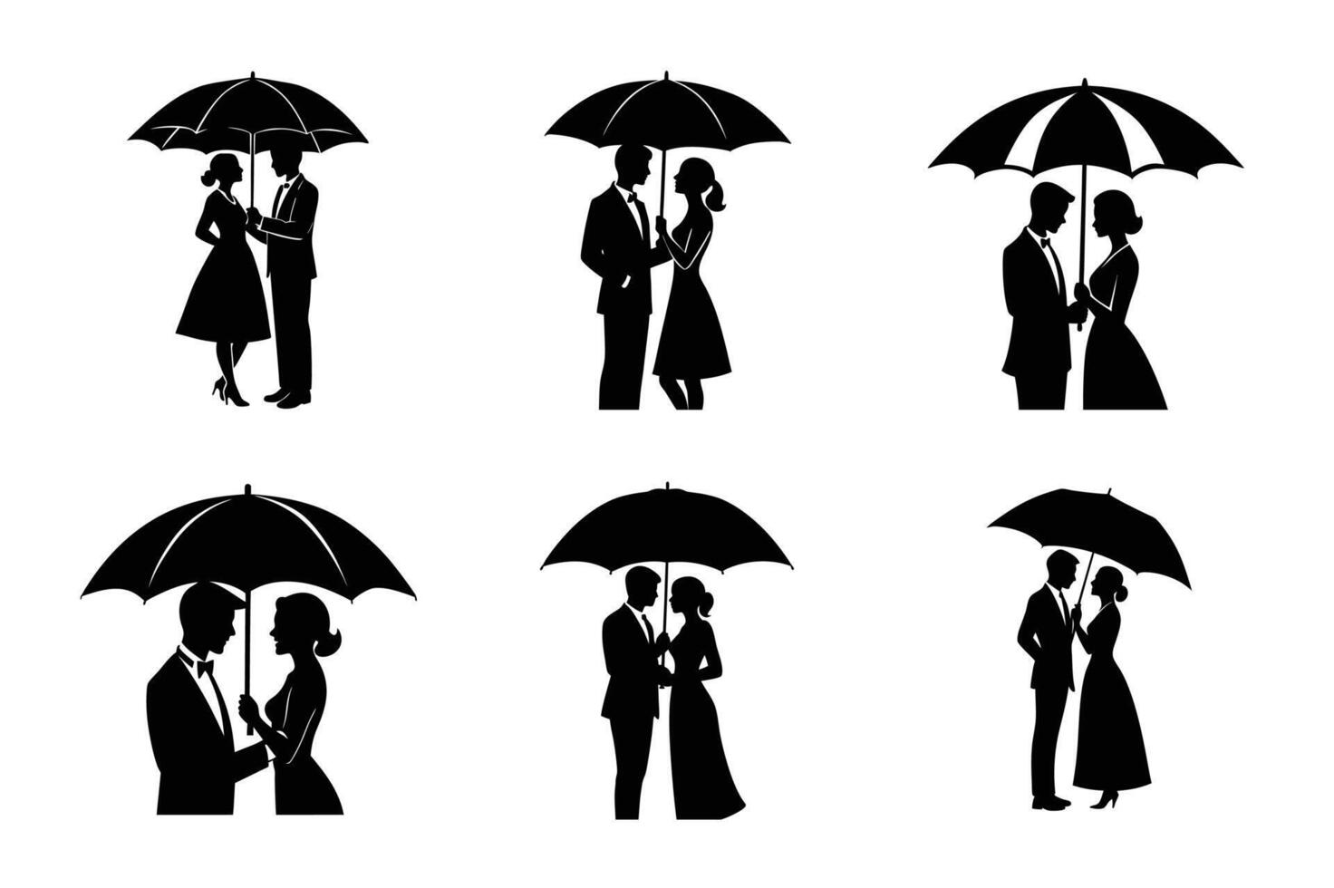 A set of Romantic Couple Silhouettes Holding Umbrella on Transparent Background - Elegant Love Moments Under the Rain, Perfect for Wedding vector