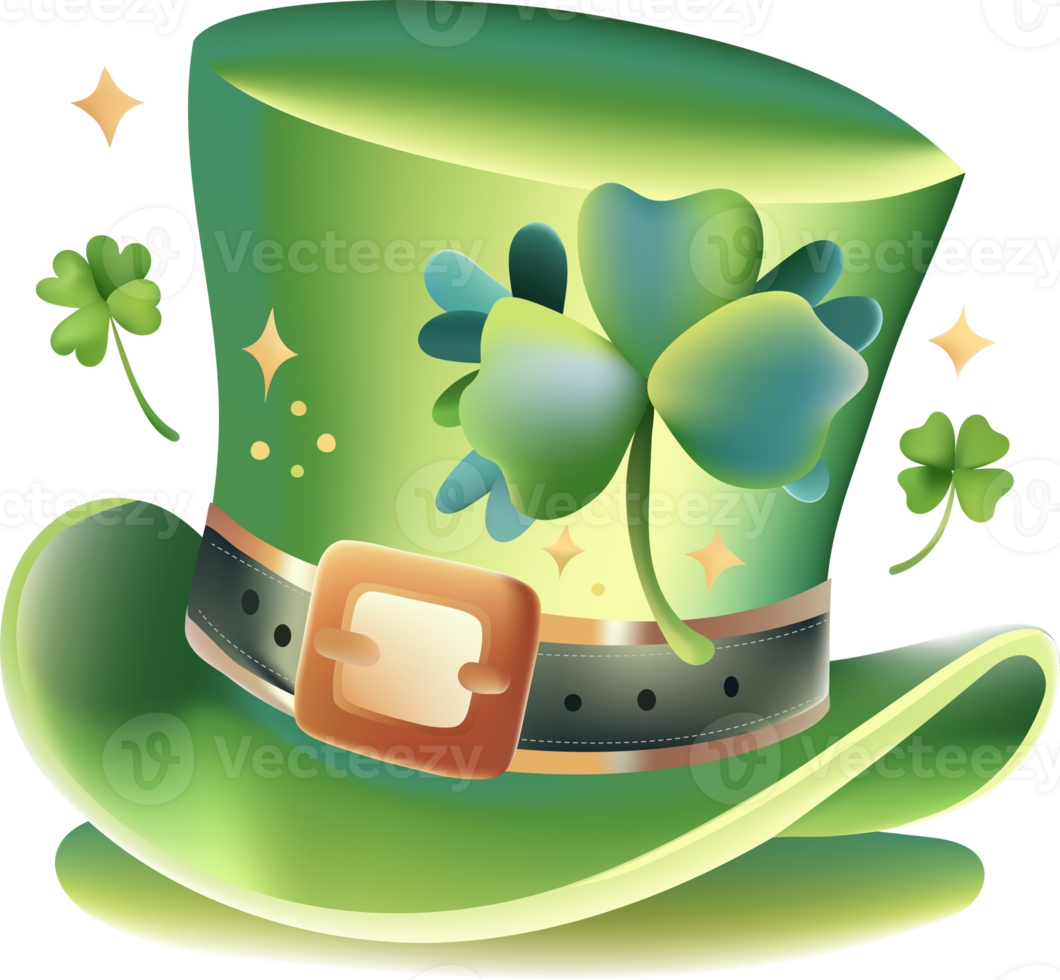 A very cute leprechaun hat with a shamrock, isolated on background, with a charming and whimsical style. Clover leaf, a symbol of good luck. St. Patrick's Day concept. png