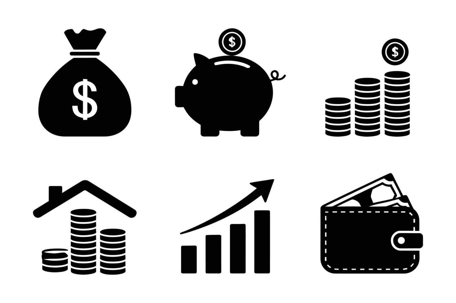 A set of Financial Growth and Savings Symbols - Money Bag, Piggy Bank, Coins, and Wallet Design vector