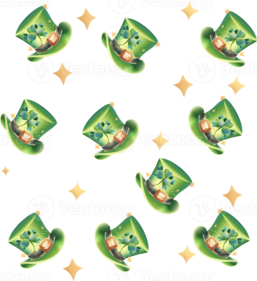 Seamless pattern with Cute Leprechaun Hat. With sparkling light. Irish celebration. Comes with green shamrock. Isolated on Background. St Patrick's Day. png