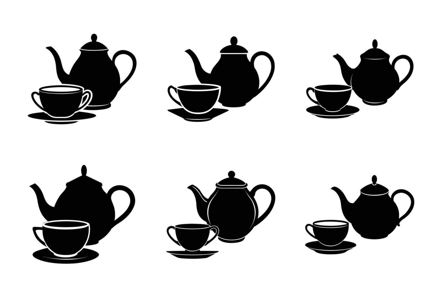 Tea Pot and Cup - Elegant Black Silhouette Teapot Set with Cup and Saucer for Vintage Tea Party vector