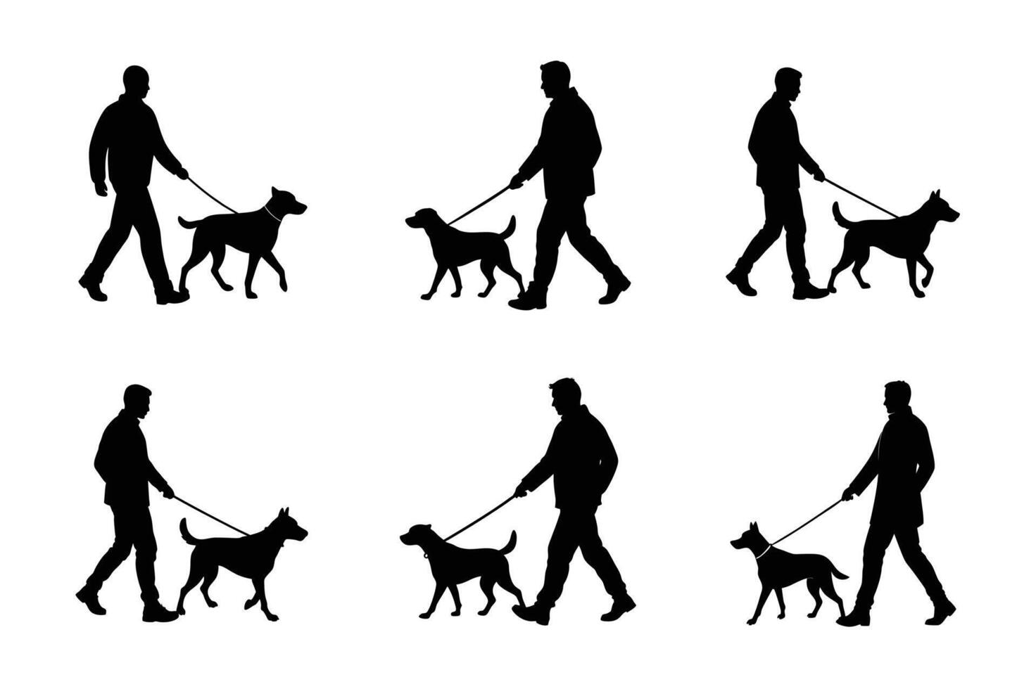 A set of Silhouette of a Man Walking His Dog - Illustration of Pet and Owner vector