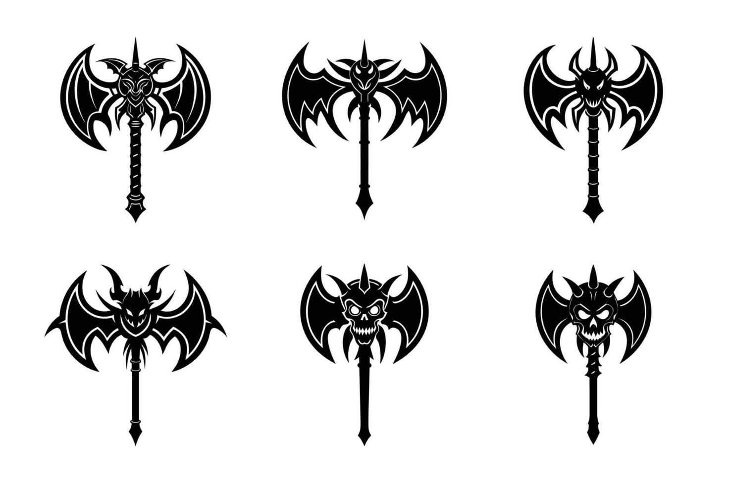 Dark Fantasy Battle Axe - Gothic Winged Skull Weapon for Game and Tattoo Designs vector