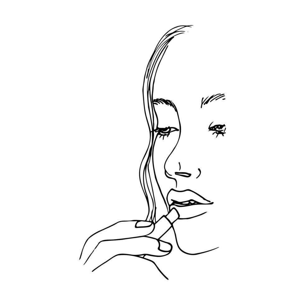 vertical drawing of a part of a woman face that paints her lips with lipstick - line art drawing vector