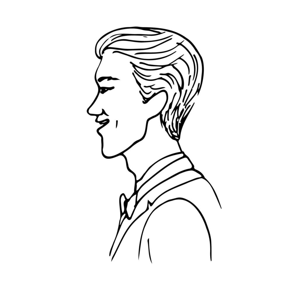 male head in profile, happy young man - line art drawing vector
