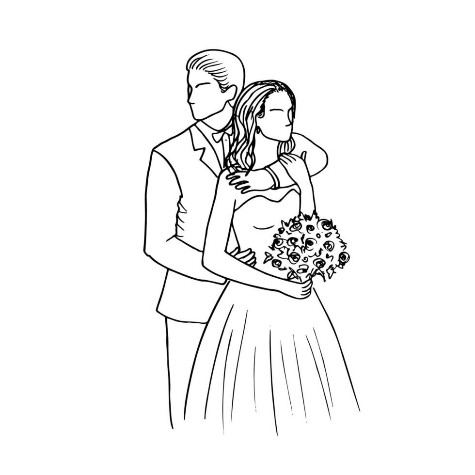 bride and groom standing next to each other, man hugging woman holding bouquet by the neck - line art drawing vector