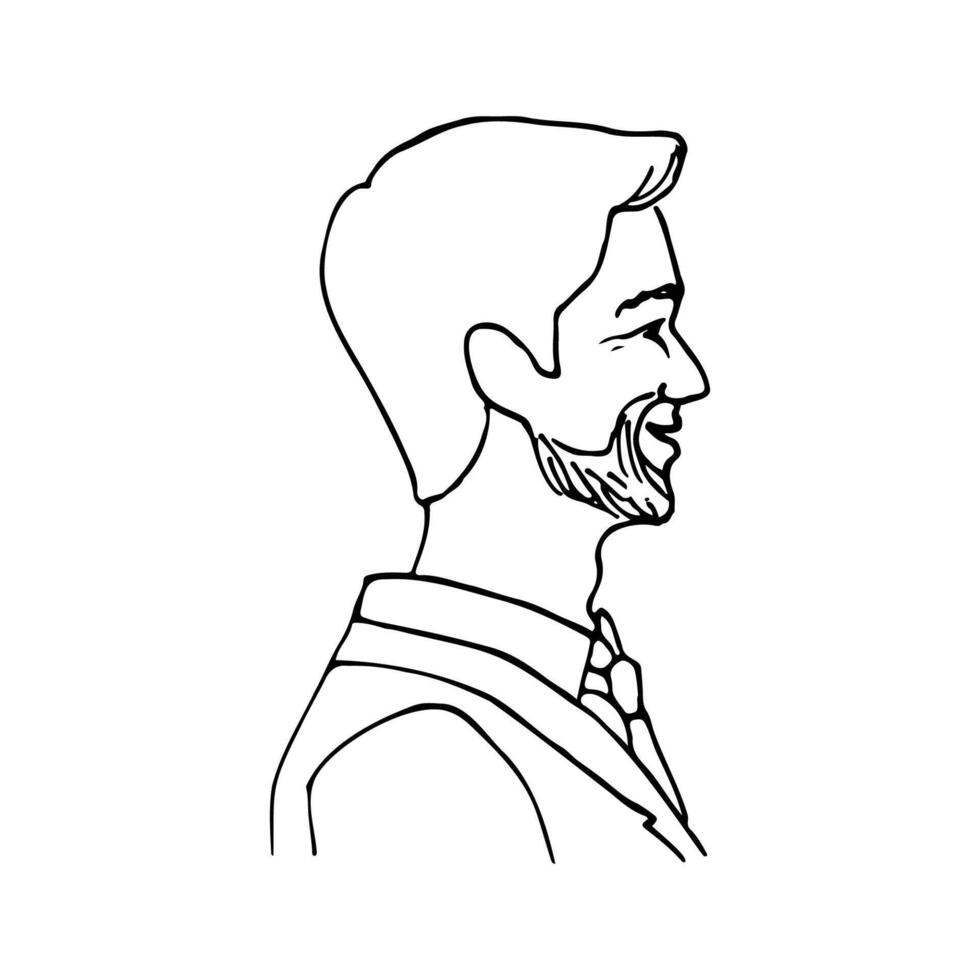 male head in profile, bearded groom smiling - line art drawing vector