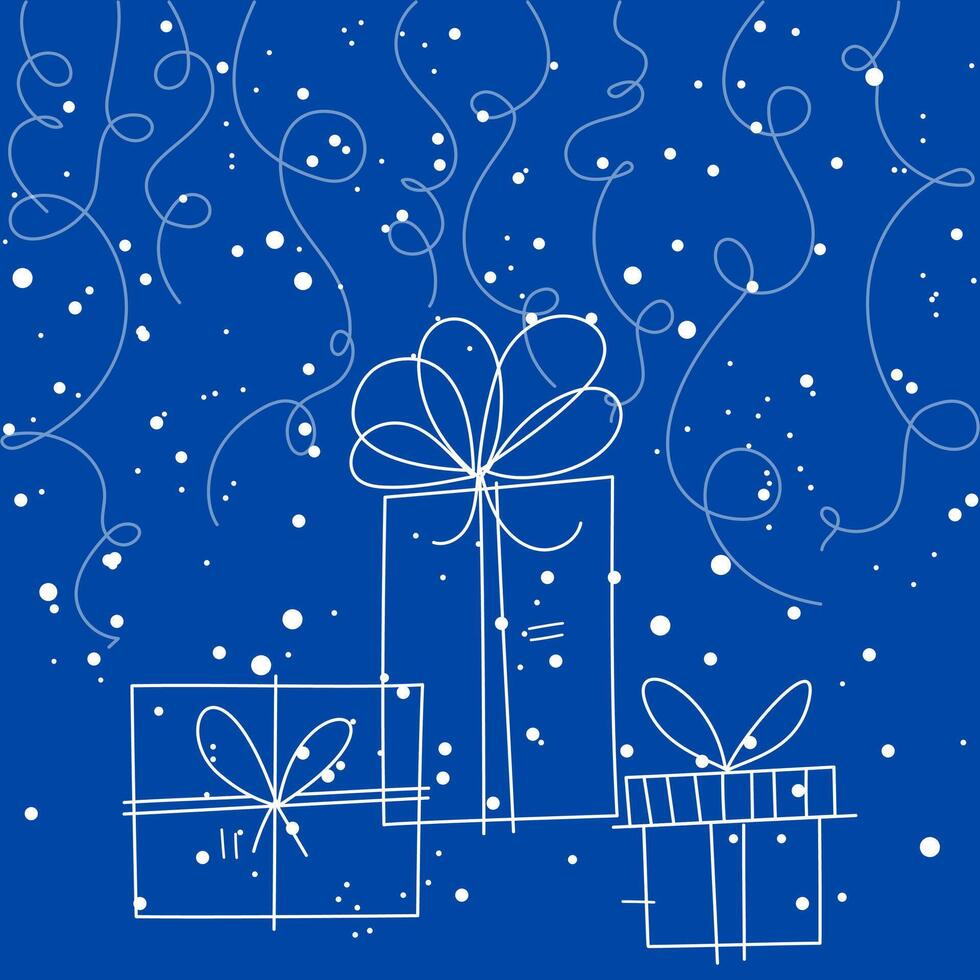 Gift boxes with tinsel, garland and snowflakes, Christmas line art illustration in doodle style, white line on blue snowy background, hand drawn design for print, present, banner, postcard vector