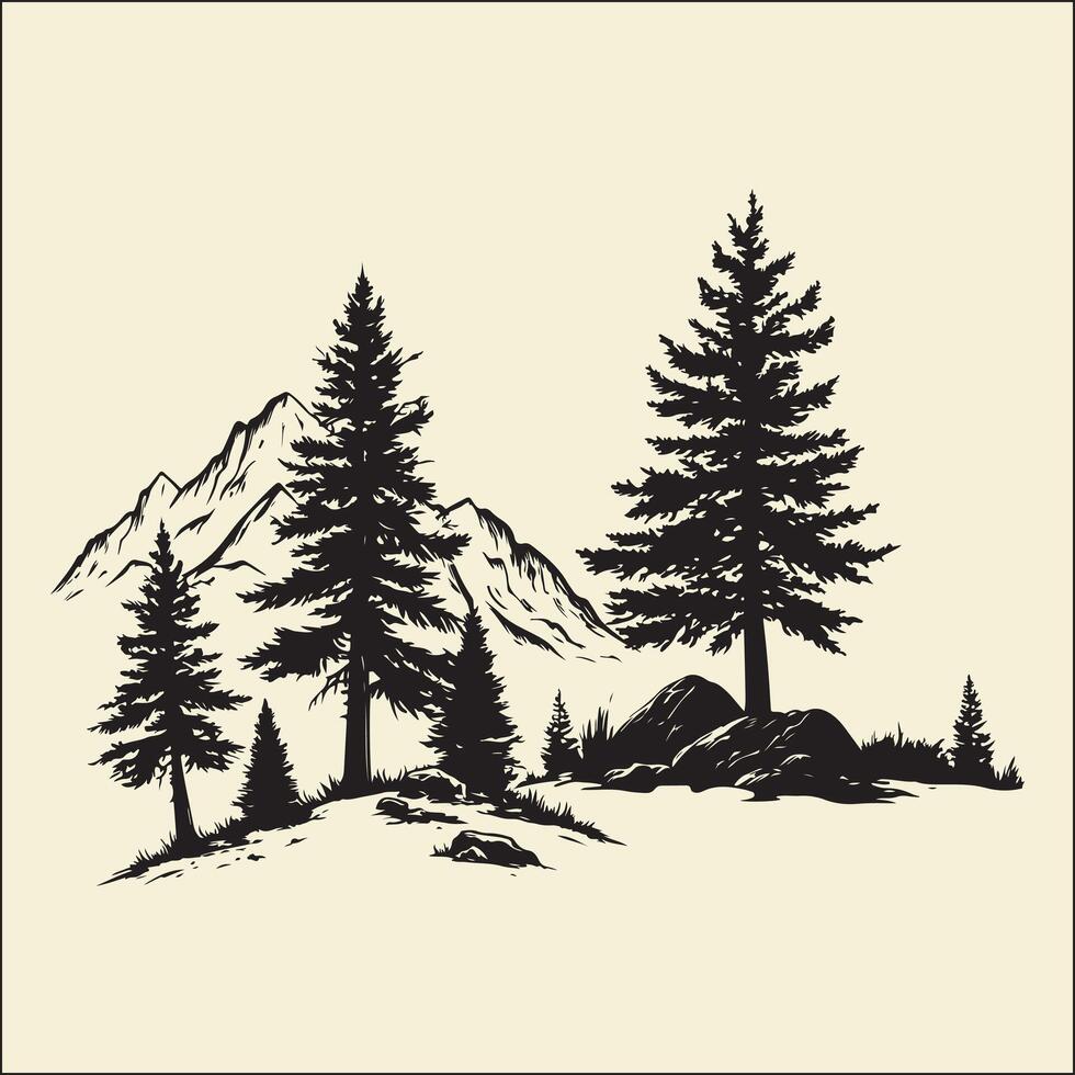 Pine Tree Silhouette, Mountain Nature vector