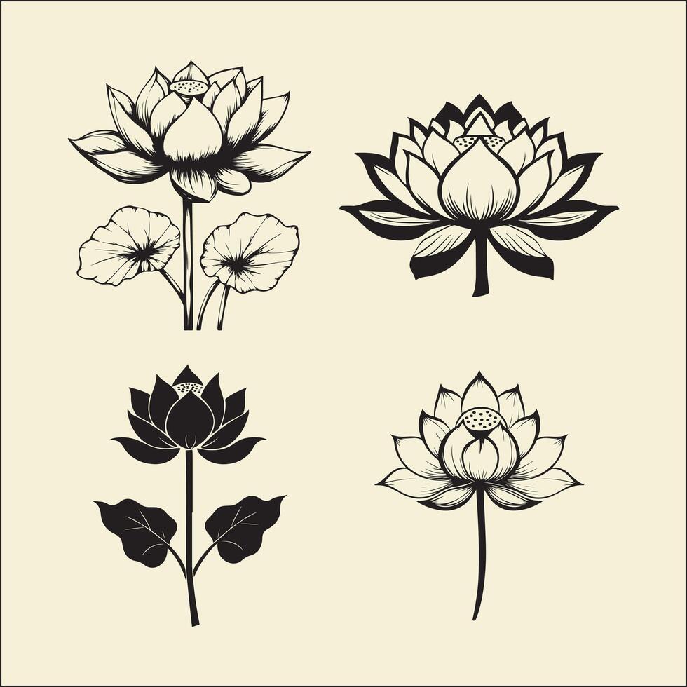 Line Art Silhouette, Lotus Flower Set vector