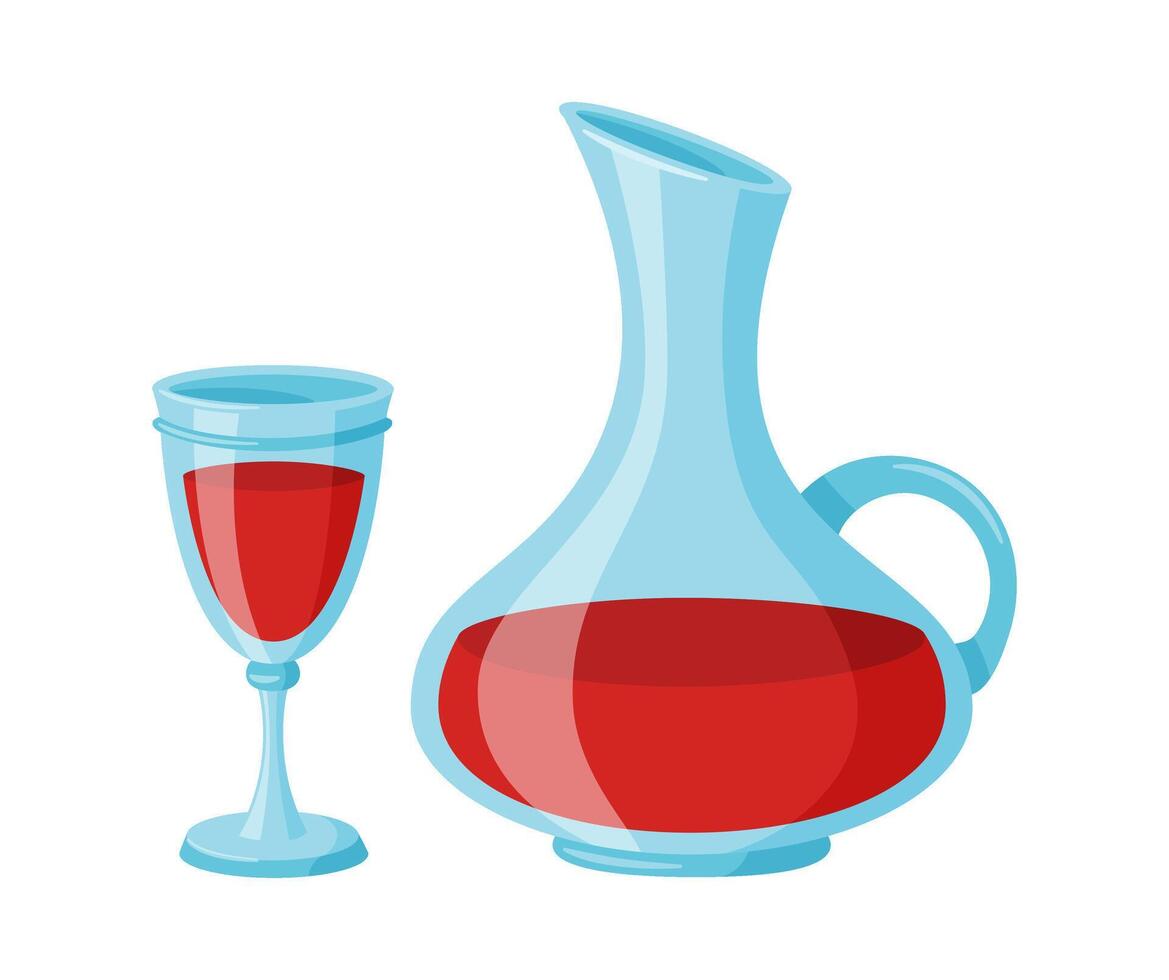 Wine jar and wineglass with red wine Hand drawn trendy flat style isolated icon. illustration vector