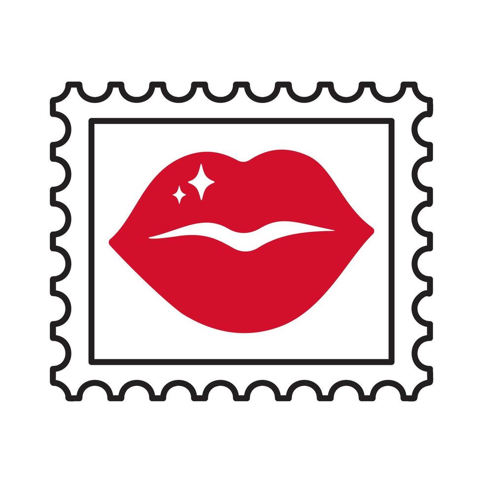 Postage stamp with Red lips doodle style Hand drawn trendy flat style love isolated icon Romantic symbol of love for web graphic design poster tattoo Valentines Day card line art illustration vector
