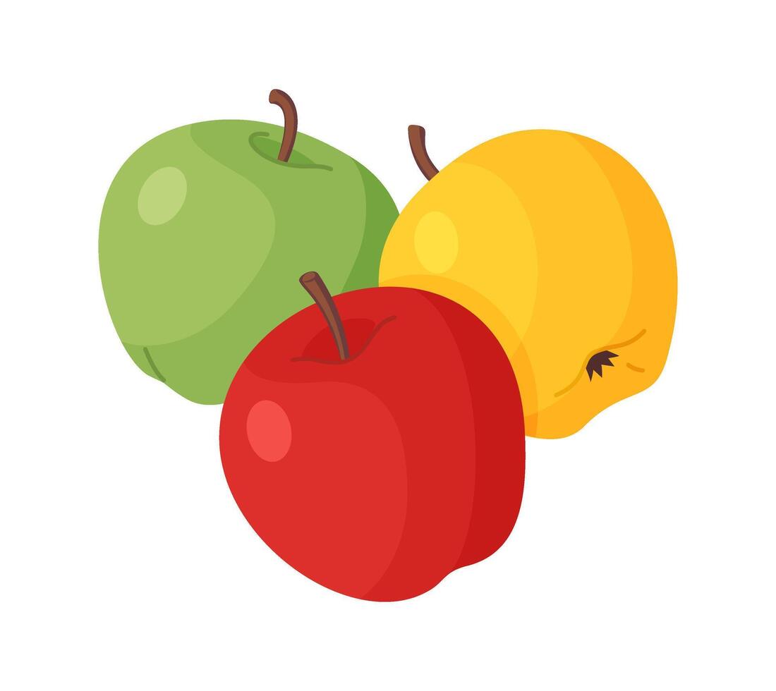 Three apples, yellow green and red juicy fruit Hand drawn trendy flat style isolated icon. illustration vector