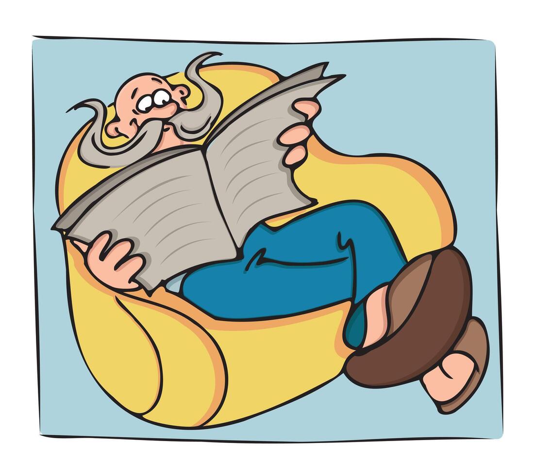 Cartoon grandfather sits in chair and reads a newspaper vector