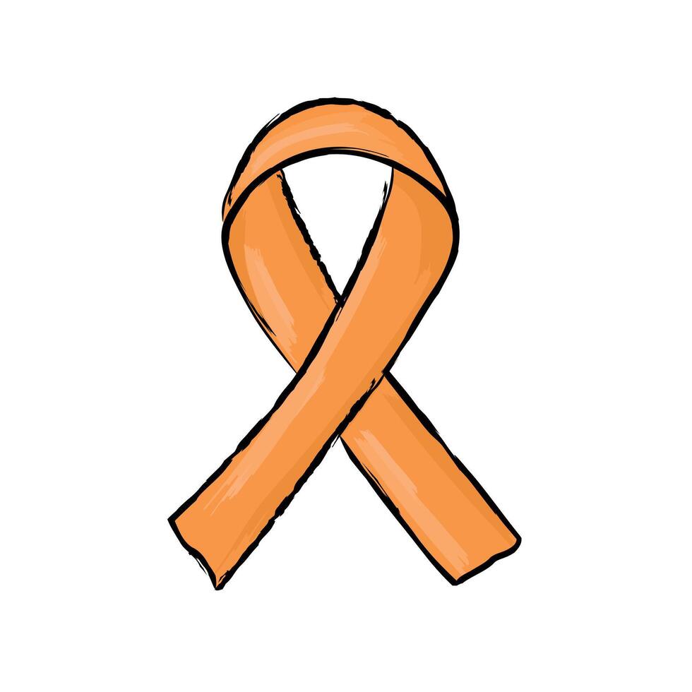 Orange ribbon isolated for Multiple sclerosis. Hand drawn illustration. Doodle style. Design element. vector