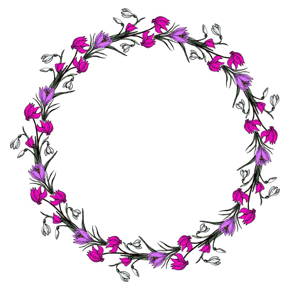 Hand Drawn Colorful Round Flower Wreath Frame vector