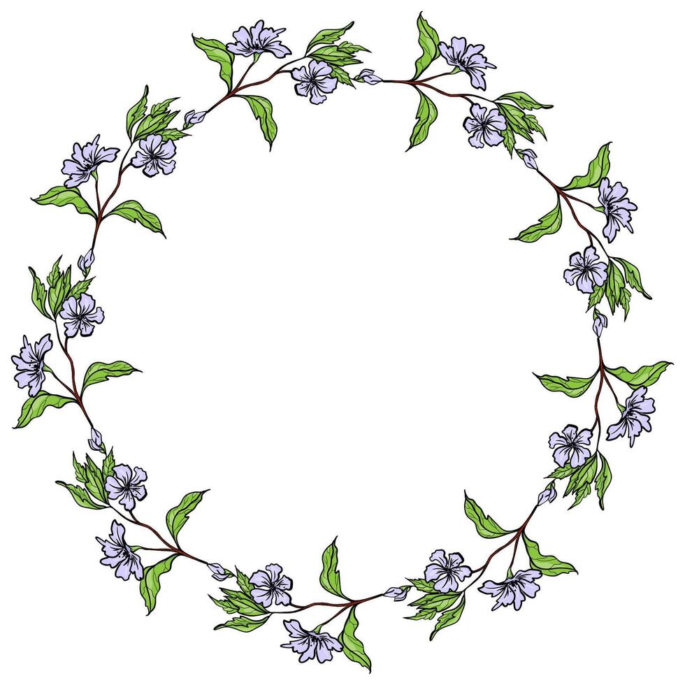Hand Drawn Colorful Round Frame With Blue Flowering Branch vector