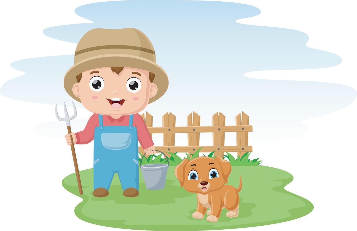 Cute little boy cartoon with dog in the farm vector