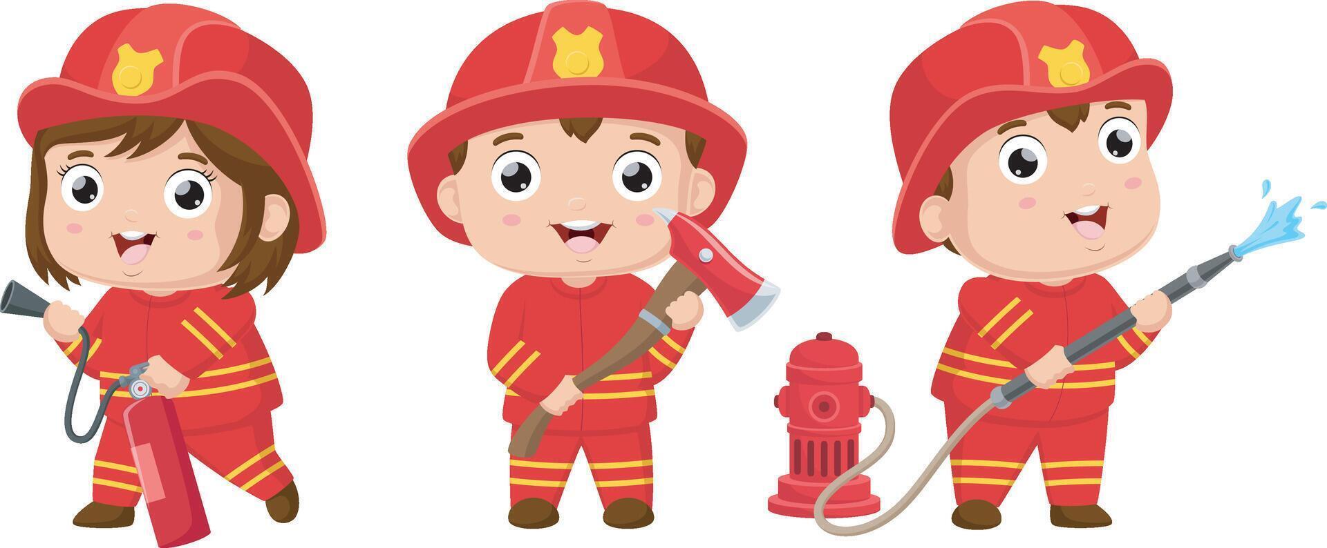 Cute fire fighter team cartoon with safety tools vector