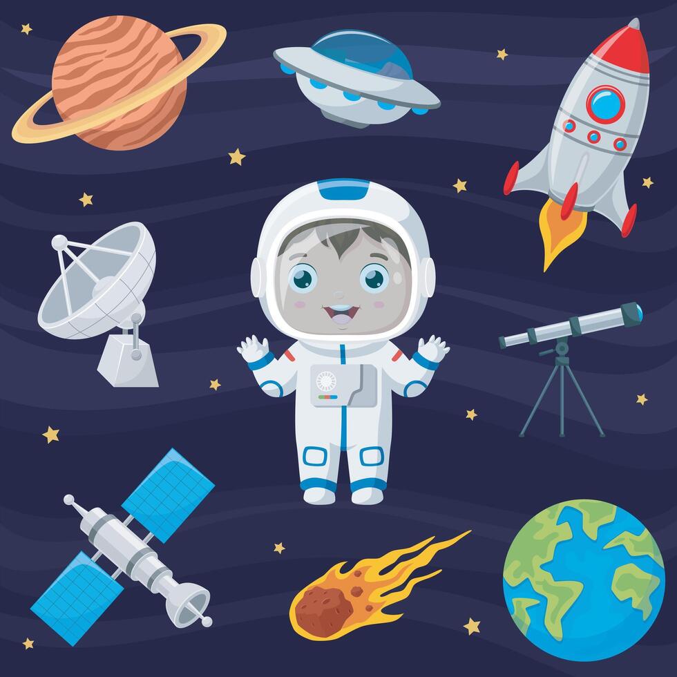 Set of outer space object with astronaut cartoon vector