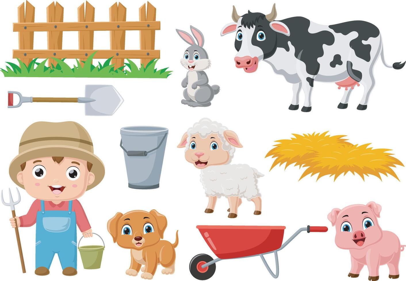 Set of farmer cartoon elements vector