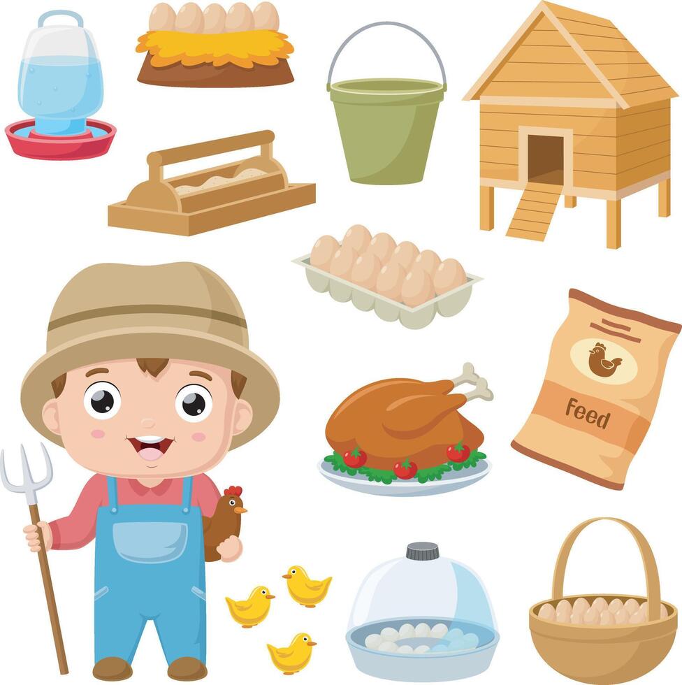 Set of poultry farm cartoon elements vector