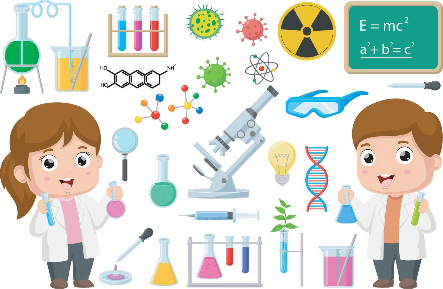 Cute girl and boy scientists with laboratory equipment elements vector