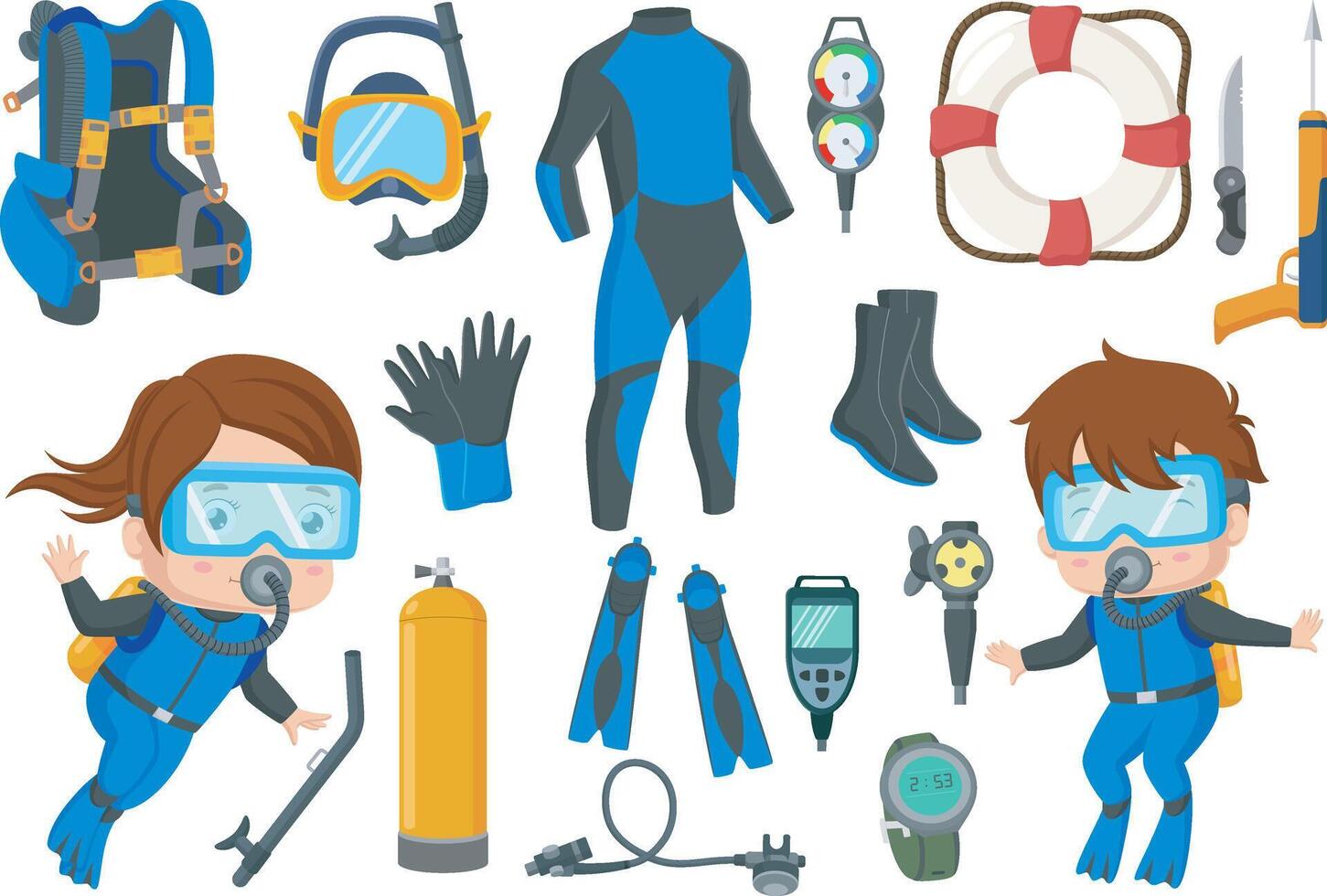 Cute kids cartoon with scuba diving equipment collection vector