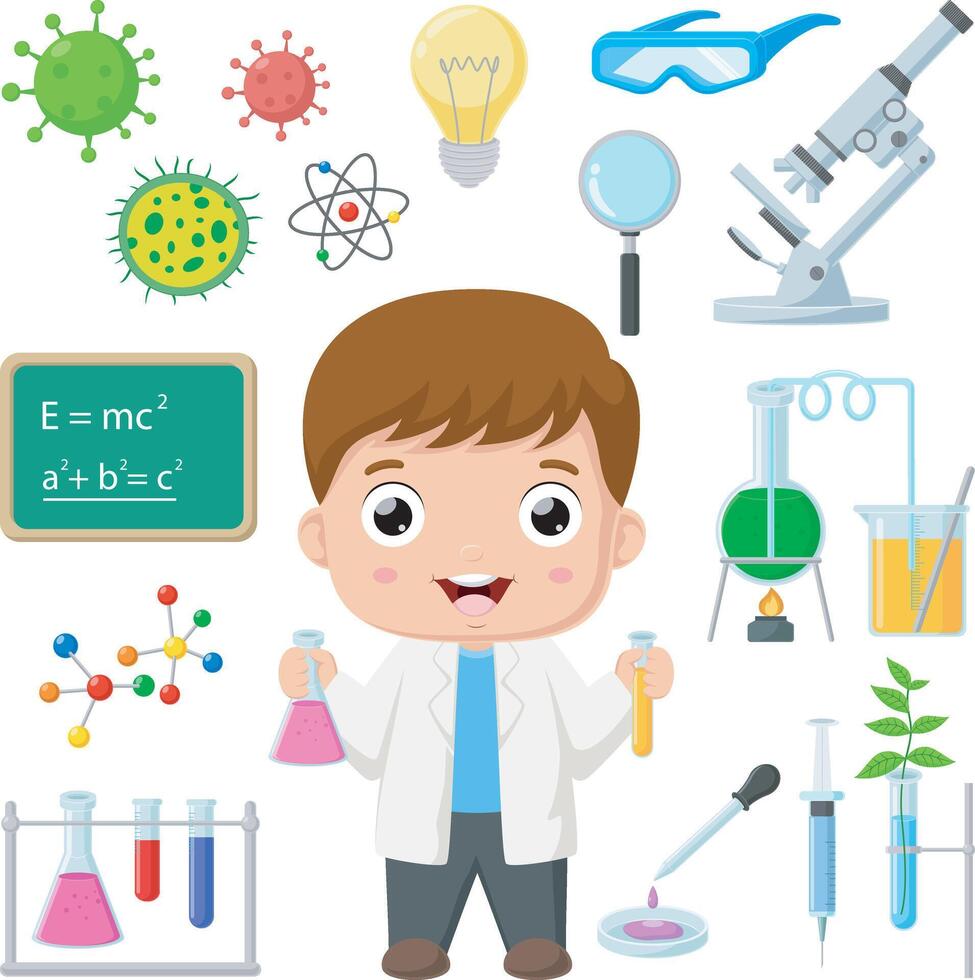 Cute boy scientists with laboratory equipment elements vector